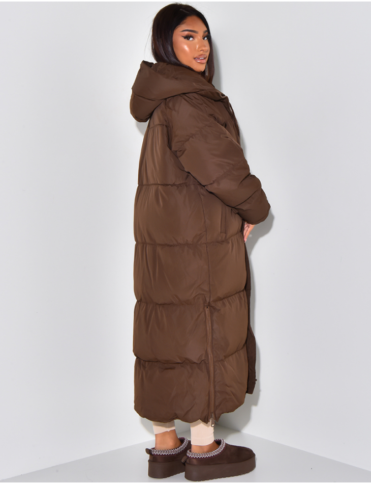 Long hooded puffer jacket with side zips