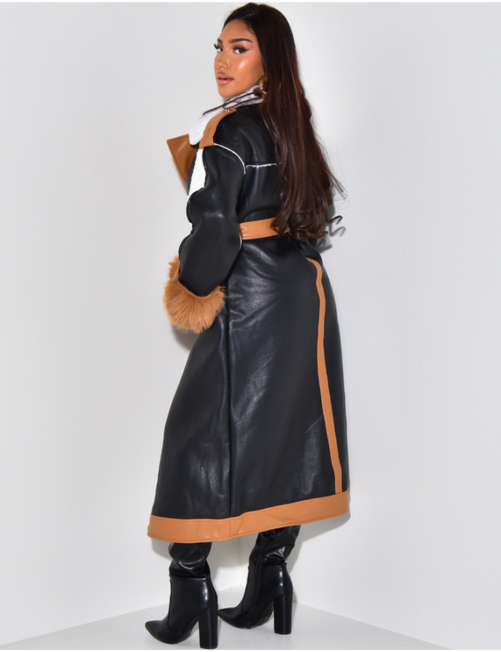 Long coat in faux leather with fur tie