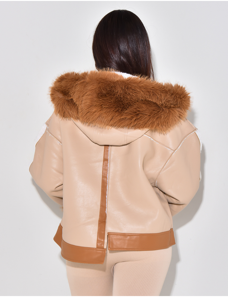   Faux leather jacket with fur and patchwork inserts