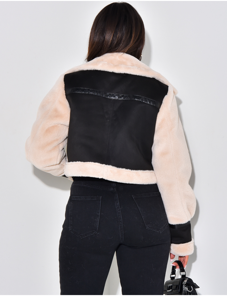 Faux Leather Jacket With Faux Fur Trim Short