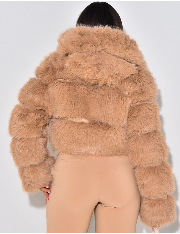Short hooded jacket in premium faux fur