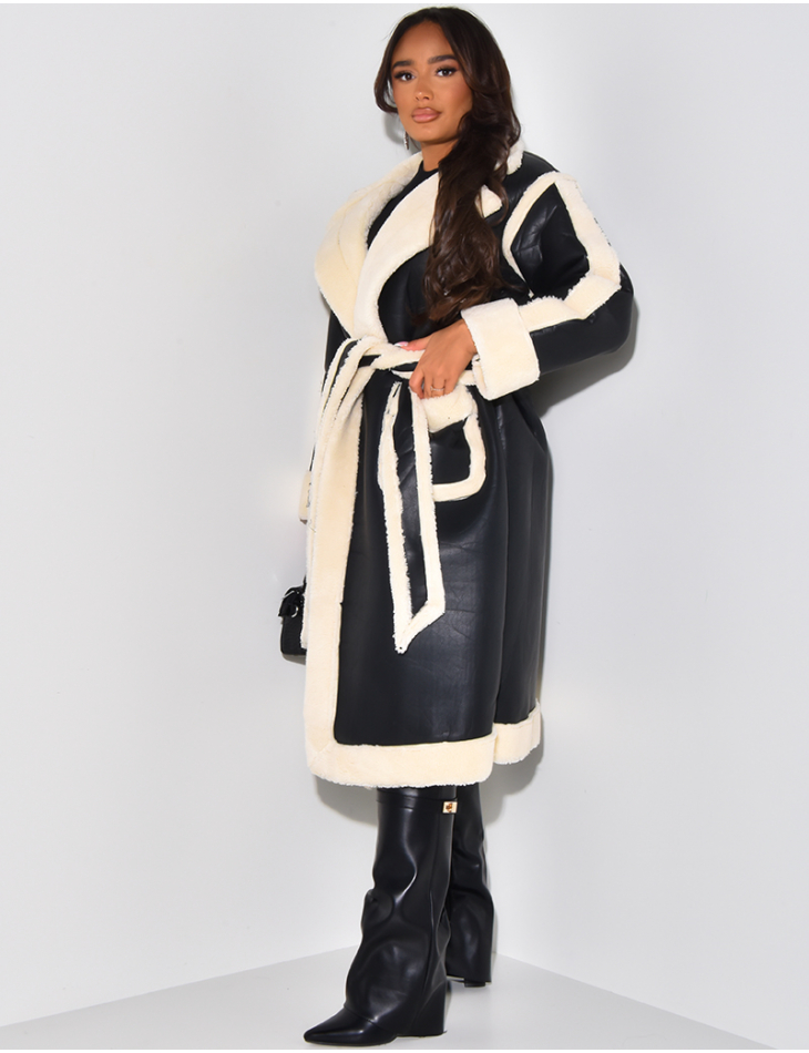 Long sheepskin coat with tie fastening