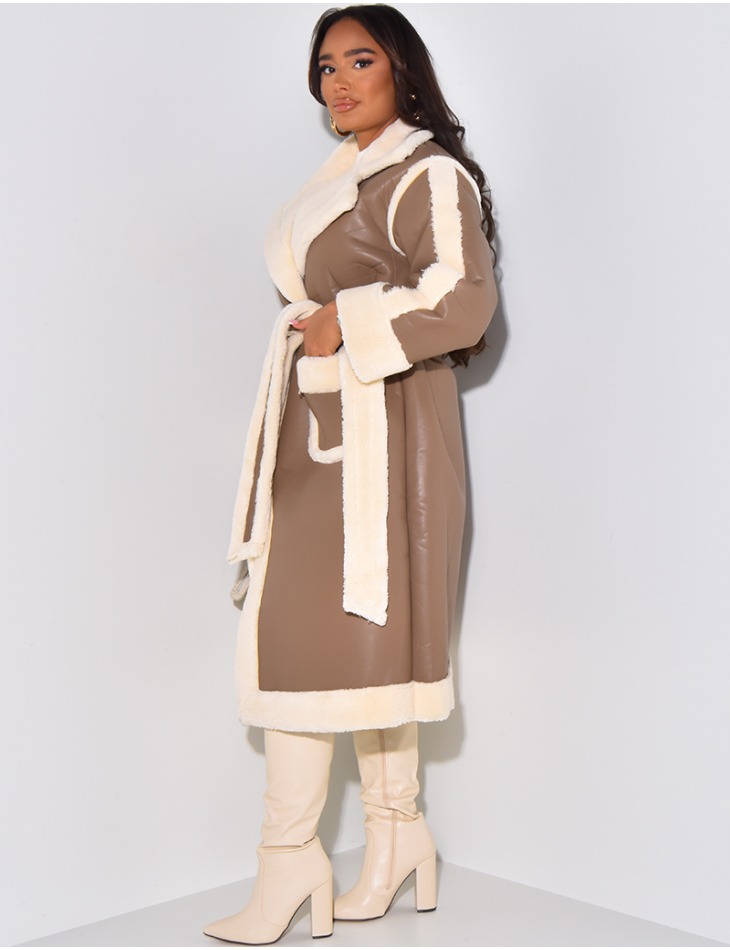 Long sheepskin coat with tie fastening