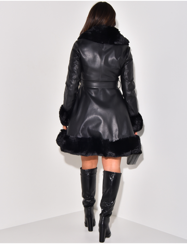 Mid-length coat in faux leather with fur trim