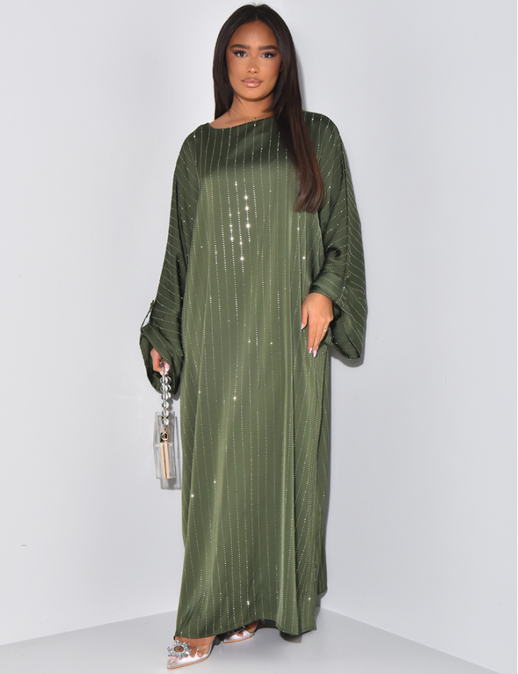 Loose-fitting satin abaya dress with rhinestones