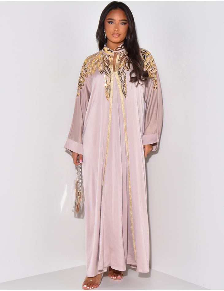 Abaya en satin à dorures & perles