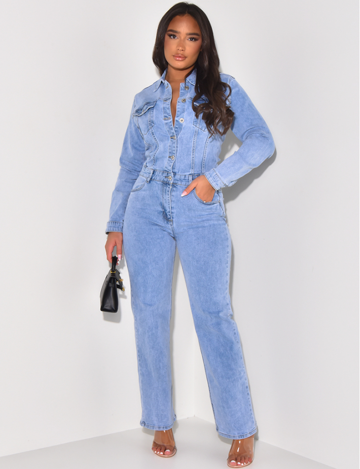 Straight-cut jumpsuit in faded stretchy jeans