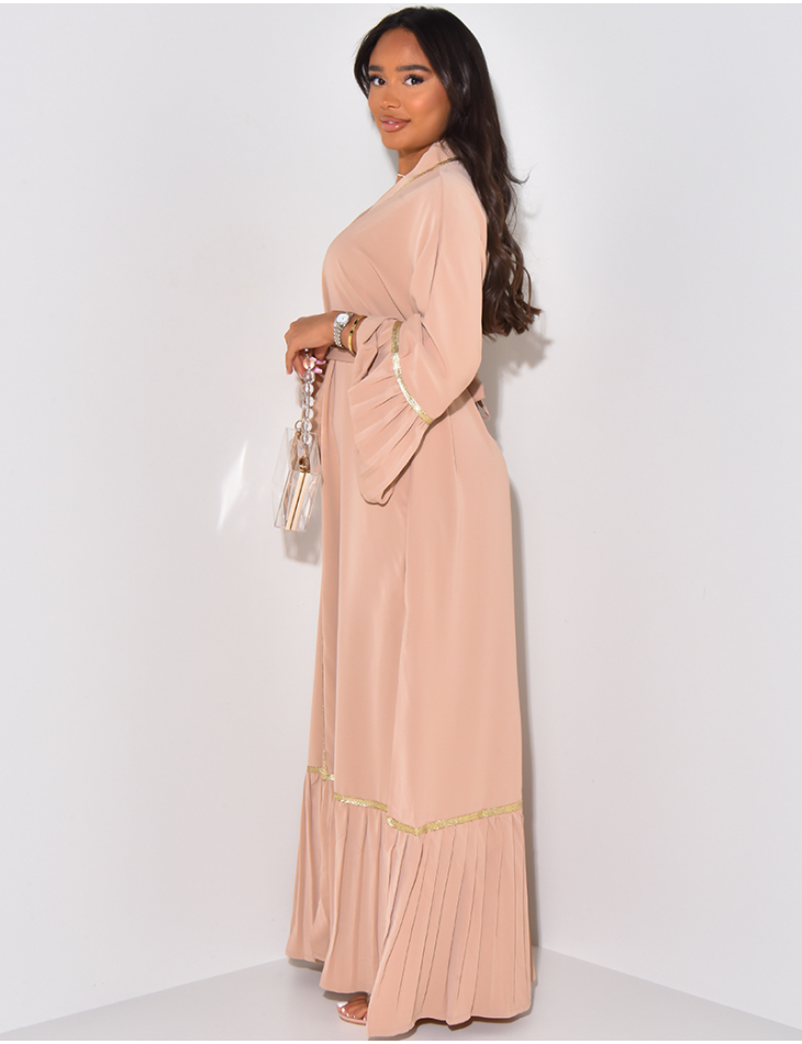 Abaya dress with gold trim and ruffles
