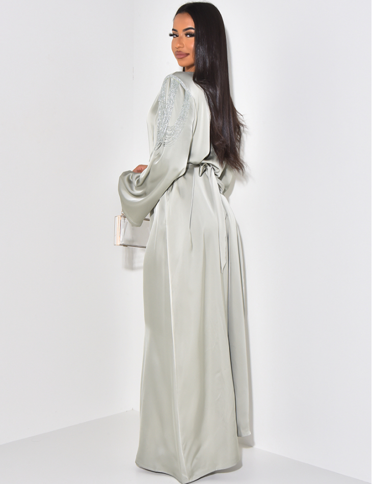 Satin abaya dress to tie with small pearls on the shoulders