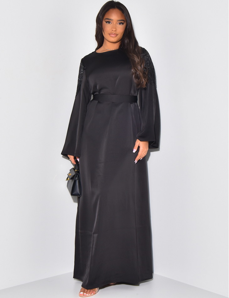 Satin abaya dress to tie with small pearls on the shoulders