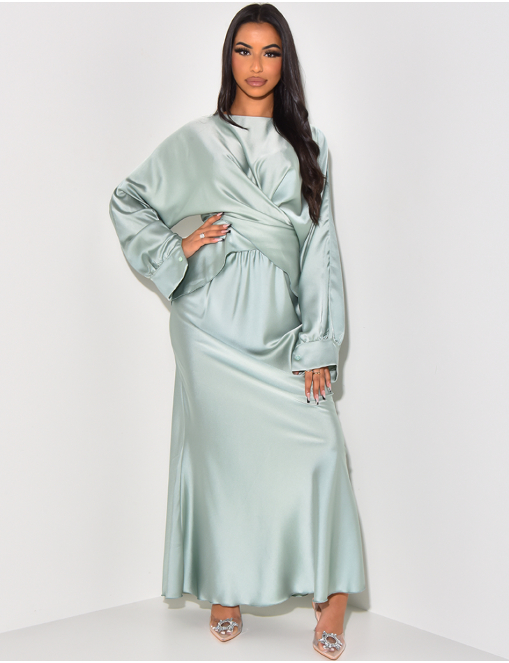 satin ensemble consisting of long skirt and wrap-around tunic