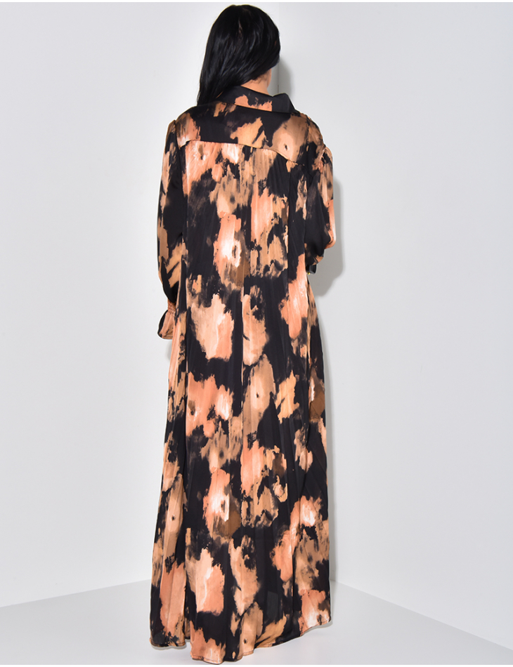 Pleated long shirt dress with printed motifs