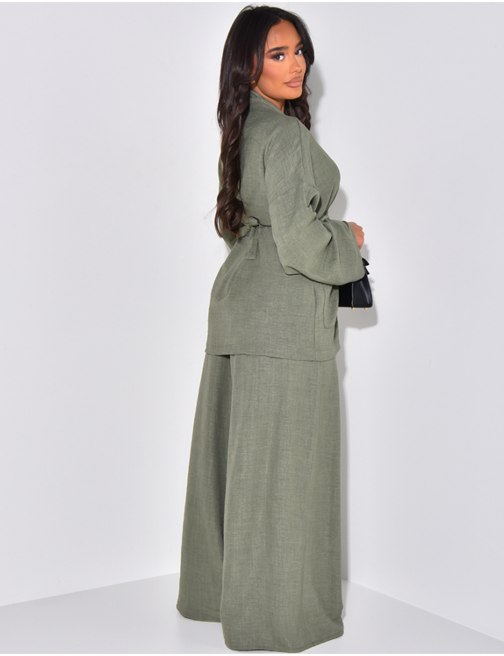 Linen-effect set with mid-length cardigan and straight trousers