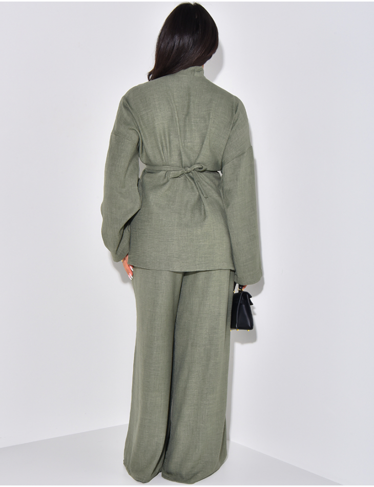 Linen-effect set with mid-length cardigan and straight trousers