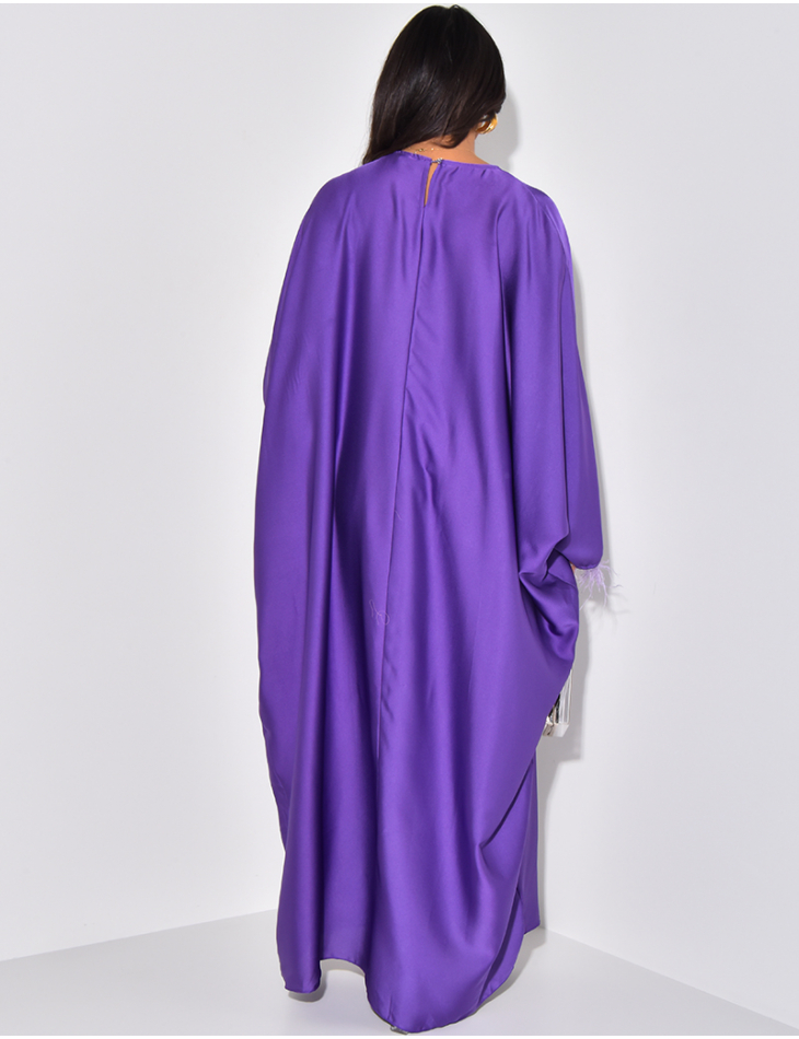 Satin abaya with feathers on sleeves, adjustable with tie