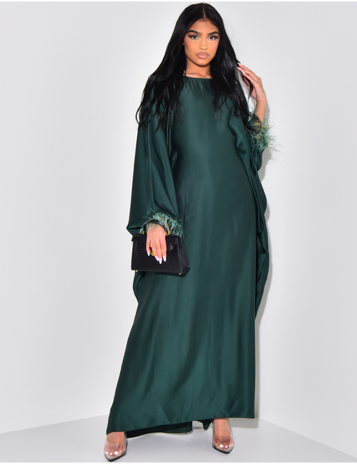 Abaya en satin à plumes sur les manches ajustable à nouer