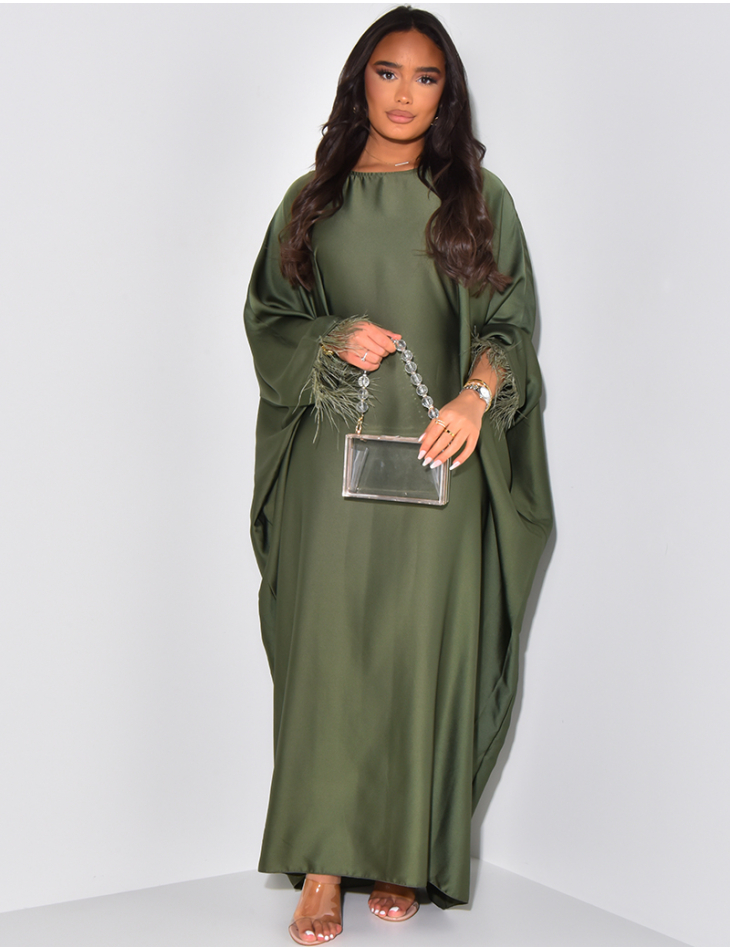 Abaya en satin à plumes sur les manches ajustable à nouer