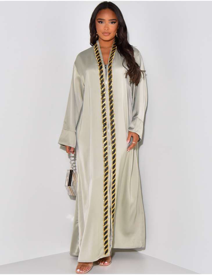 Zipped satin abaya with beaded trim