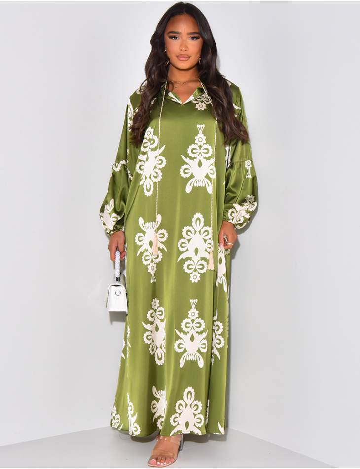 Abaya aus Satin mit Muster & Pompons.
