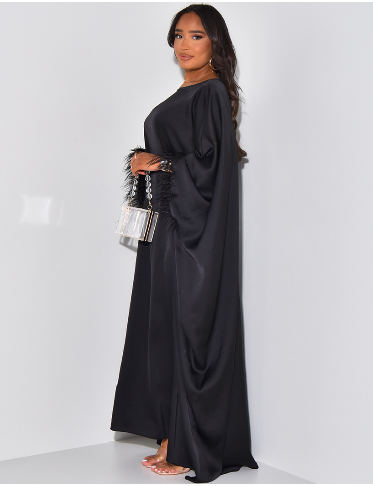 Loose-fitting satin abaya with feathers on the sleeves