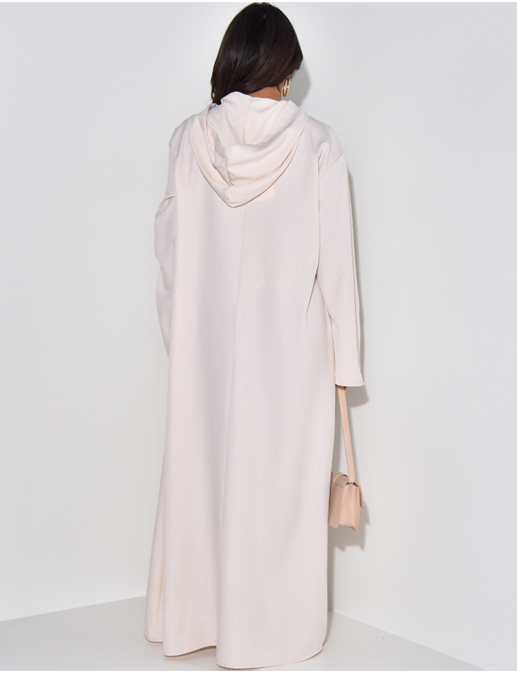 Adjustable linen-effect maxi dress with hood