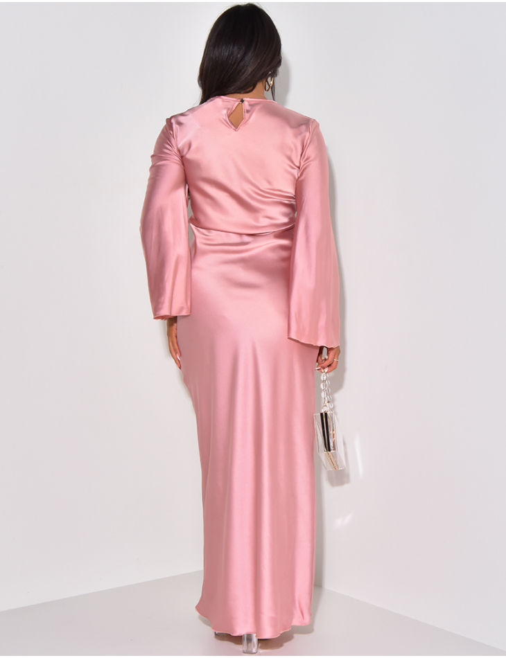 Satin maxi dress, cross-over effect on the front