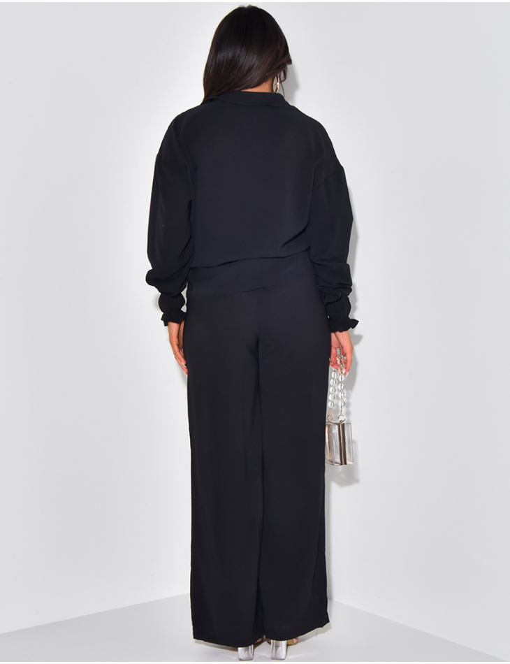 Loose shirt and wide trousers with tie flap set