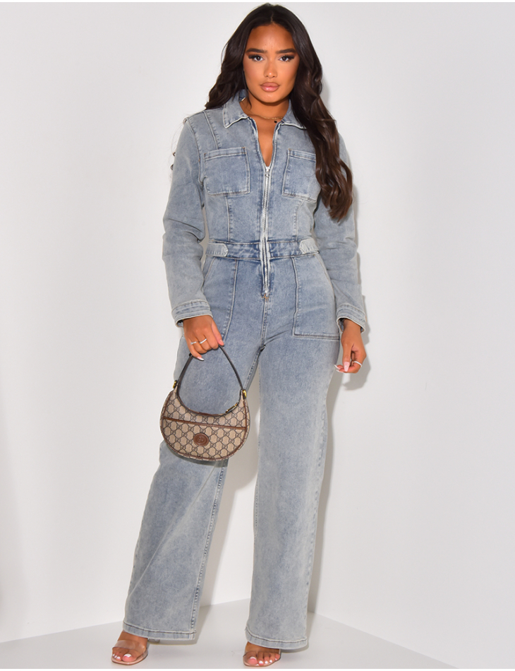 Denim jumpsuit with wide, cinched waistband