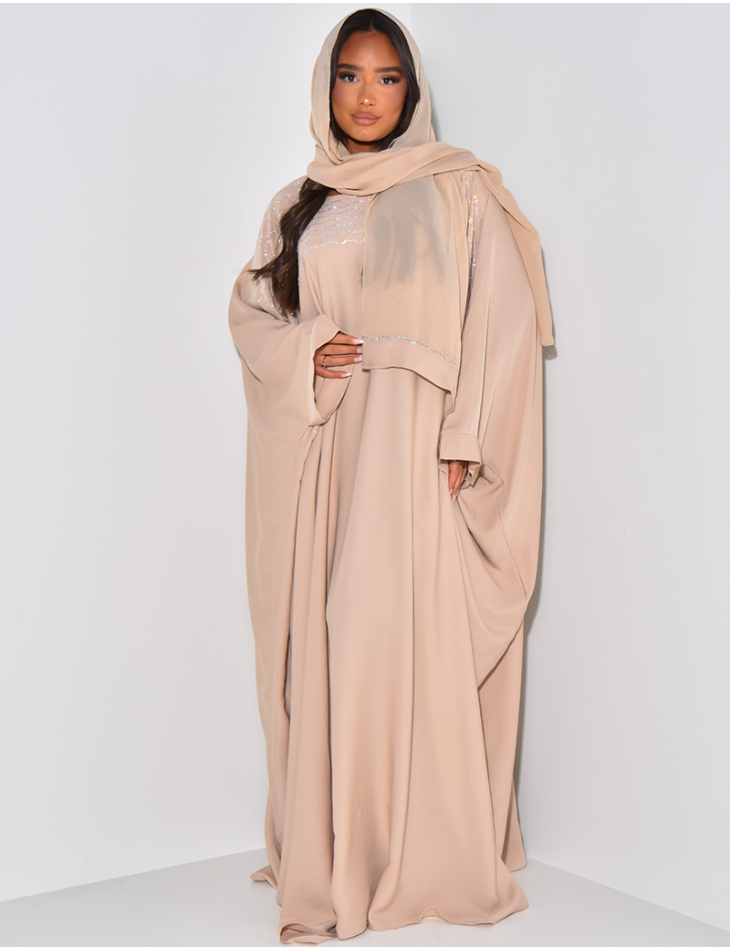 Abaya made in Dubai à strass et foulard assorti