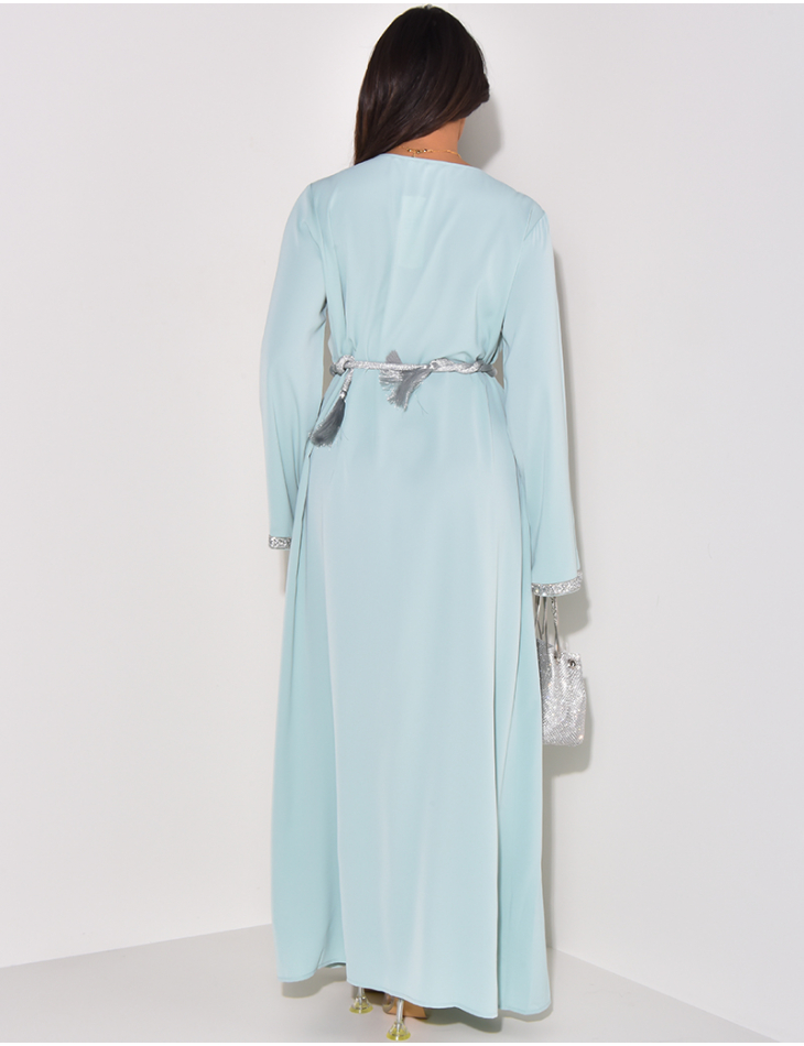 Abaya col V à strass argenté & ceinture