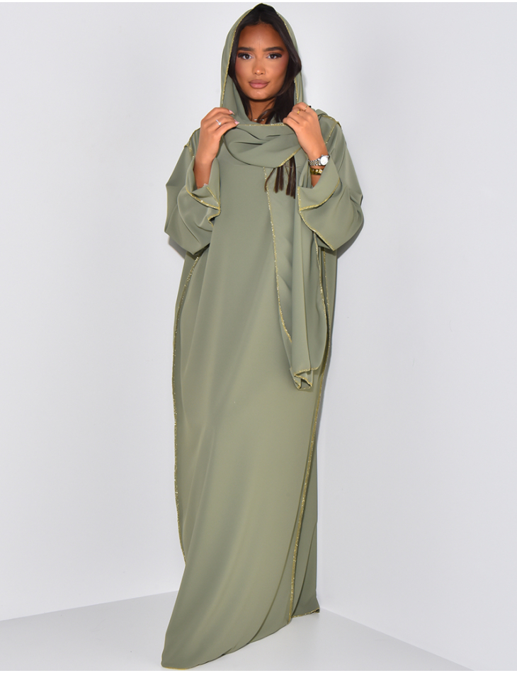 Abaya dress with integrated veil and contrasting gold stitching