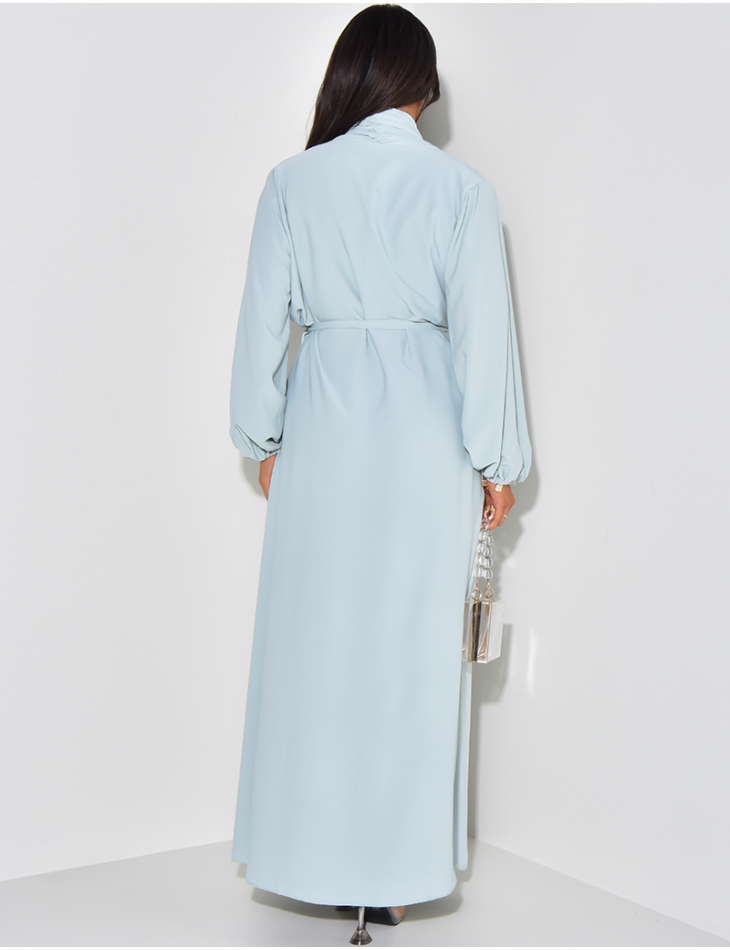 Sleeveless dress and kimono set with pleated edges and belt