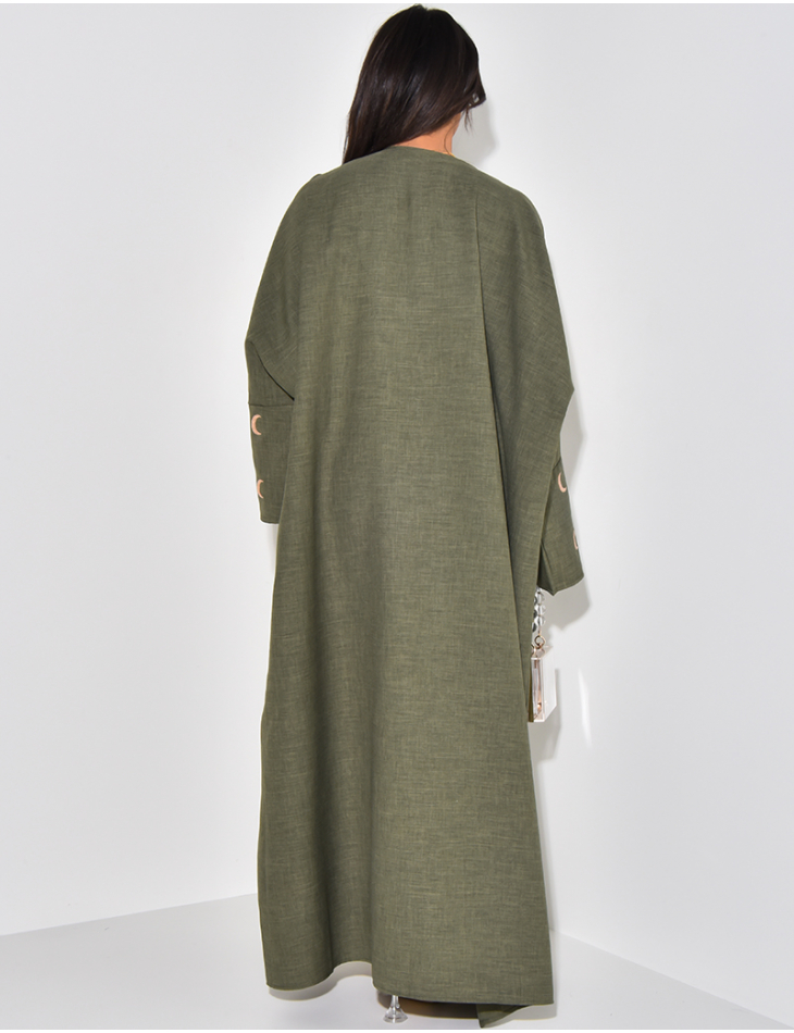 Linen-effect kimono with embroidered moon motif on sleeves