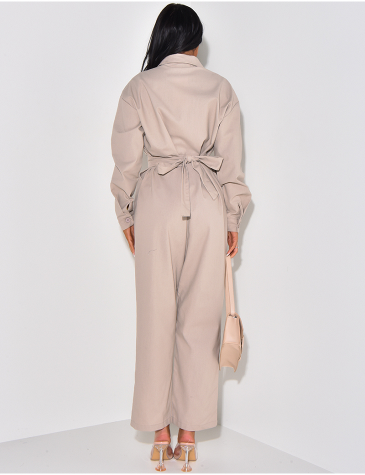 Linen jumpsuit with cargo pockets and waist belt