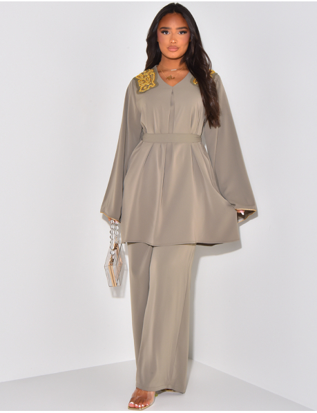 Gold beaded trouser and tunic set with belt