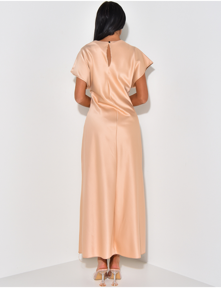 Short-sleeved satin dress with twill effect