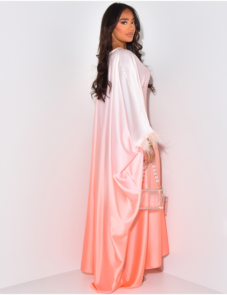Abaya cinched at the waist with tie and dye print and feathers at the cuffs