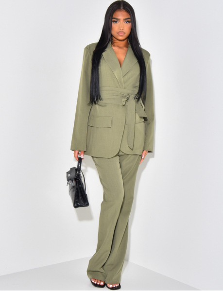 Suit with wide belt and linen-effect flared trousers