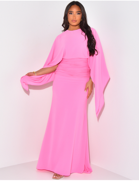 Gathered-effect voile maxi dress with cape over the shoulders