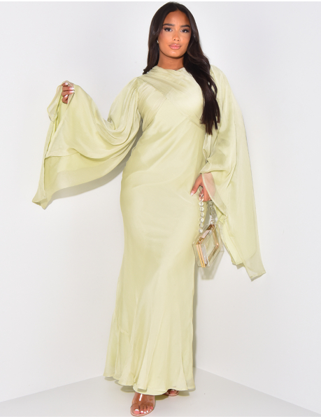 Double-layered voile maxi dress with flared collar and sleeves