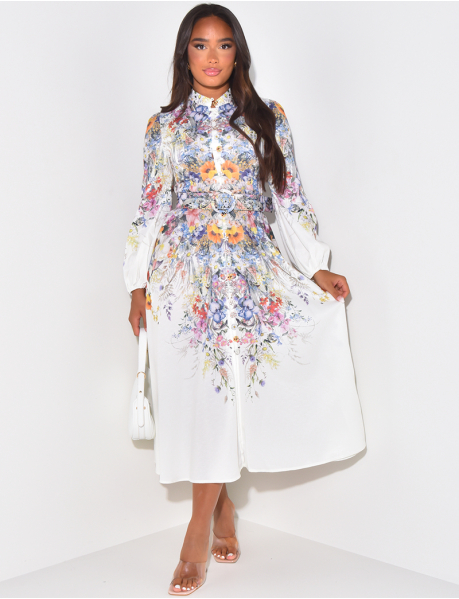 Printed long shirt dress with fancy buttons and belt